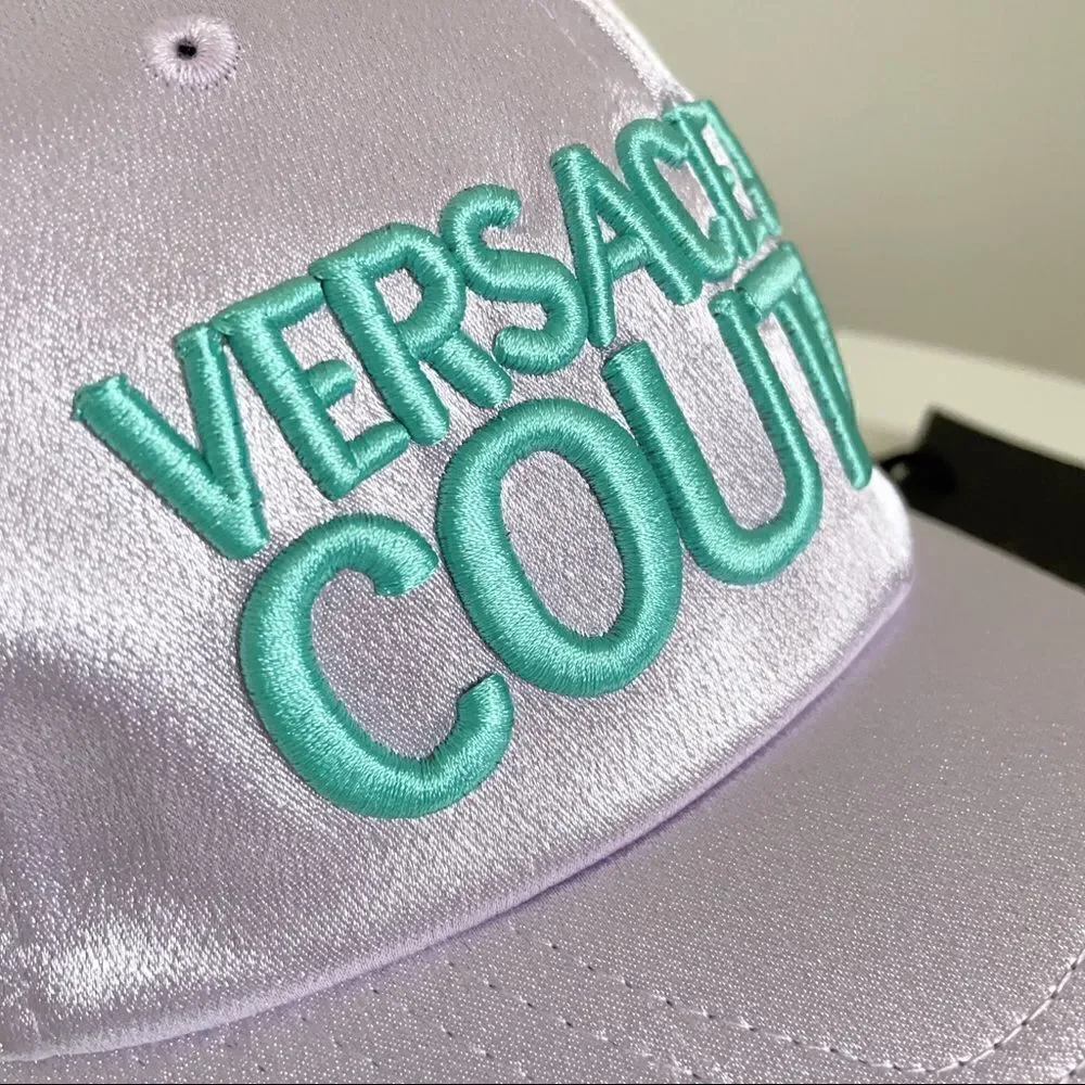 ⭕️ VERSACE JEANS Cap Hat Satin Designer Purple Turquoise Logo